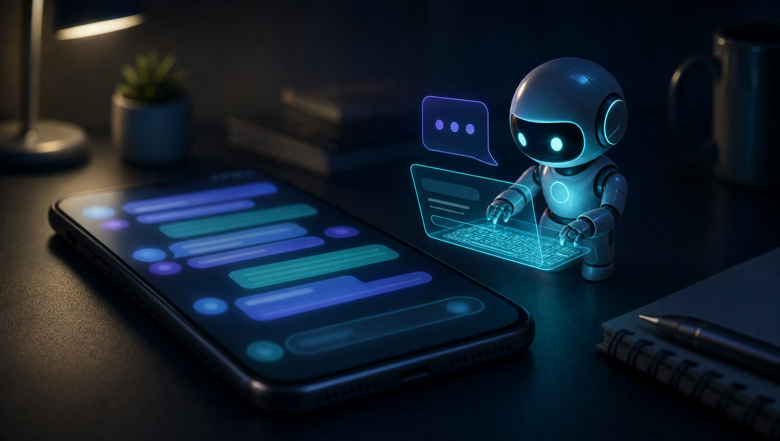 A phone glowing on a dark desk while a small AI assistant figure drafts a post